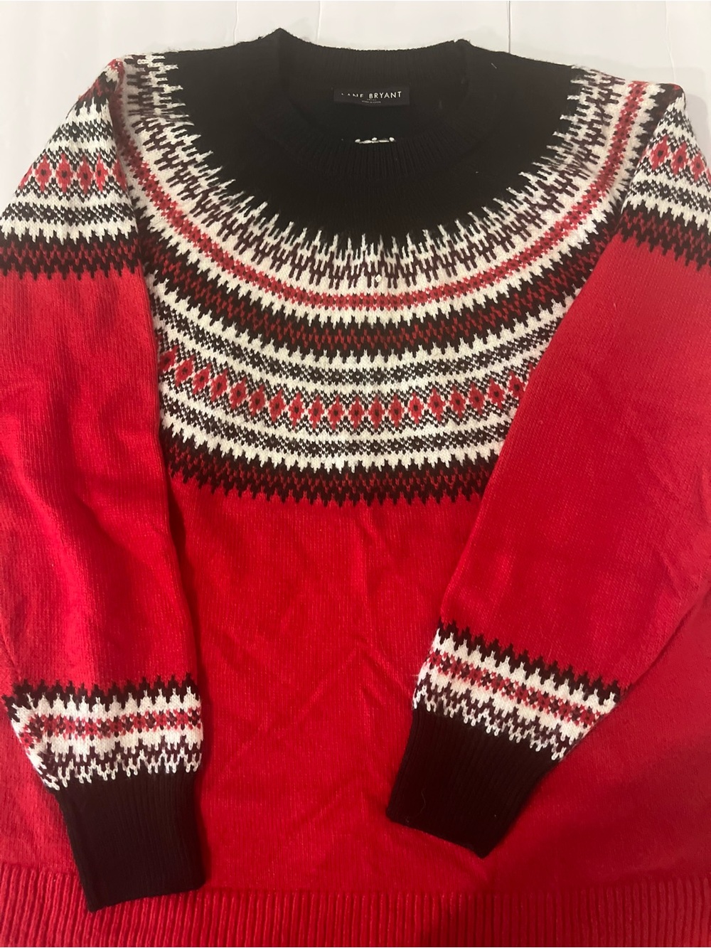 Lane Bryant Red Fair Isle Crewneck Sweater with Black and White Yoke